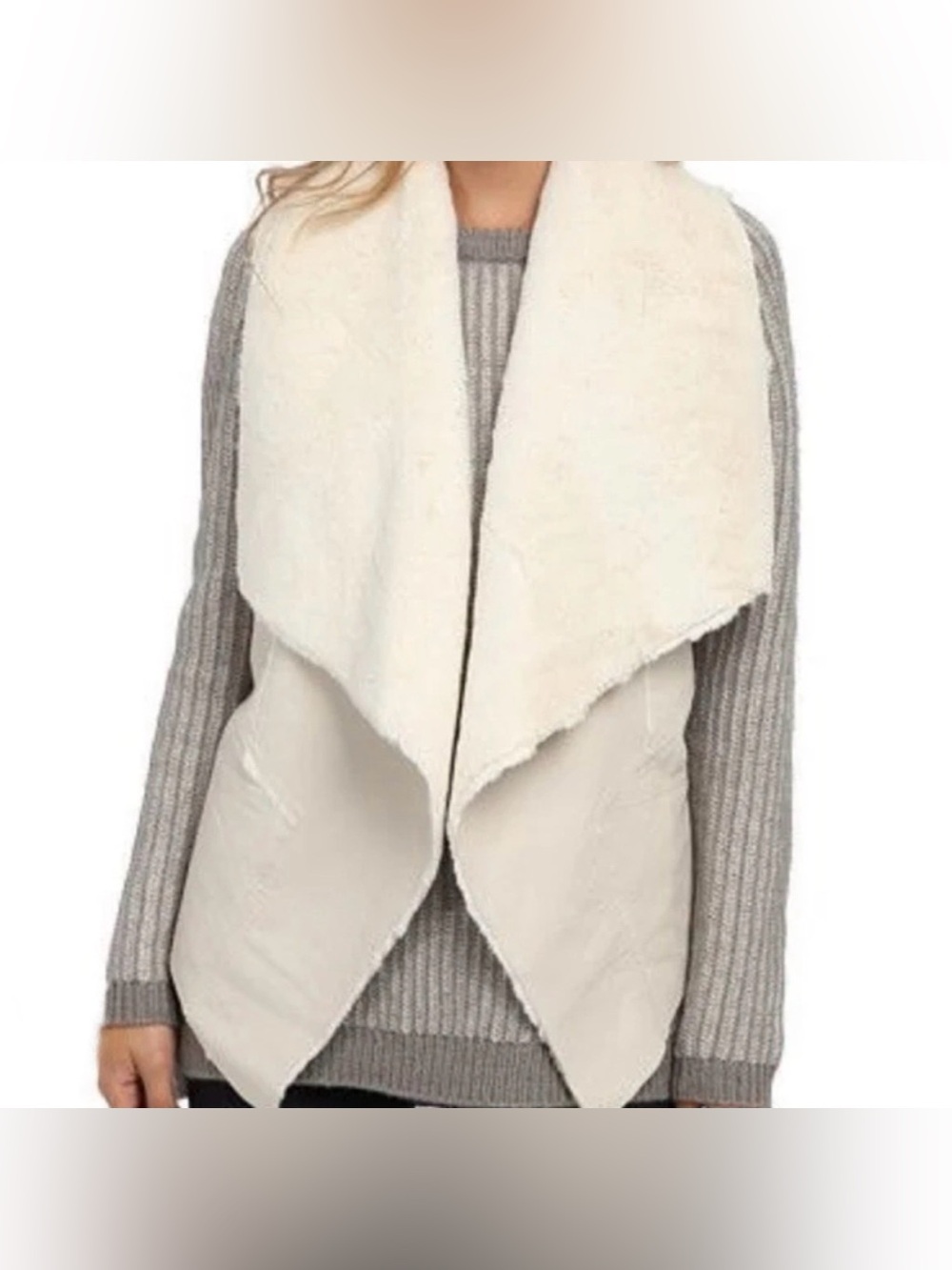 Blank NYC Cream Faux Leather Vest with Shearling Collar and Interior Lining